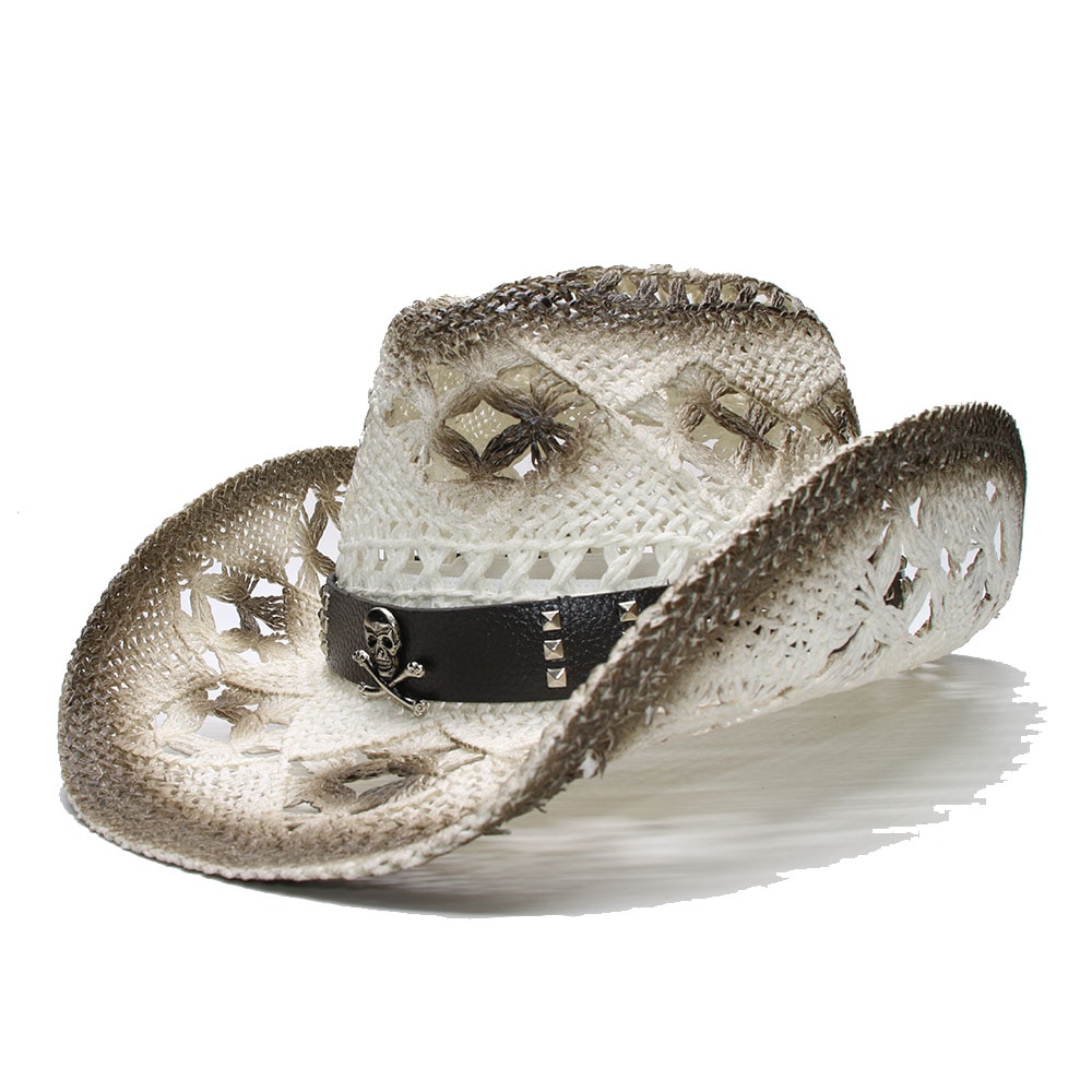 Luckylianji Retro Zomer Vintage Vrouwen Mannen Brede Rand Stro Strand Cowboy Cowgirl Westerse Hoed Hollow Out Skull Lederen Band 58Cm