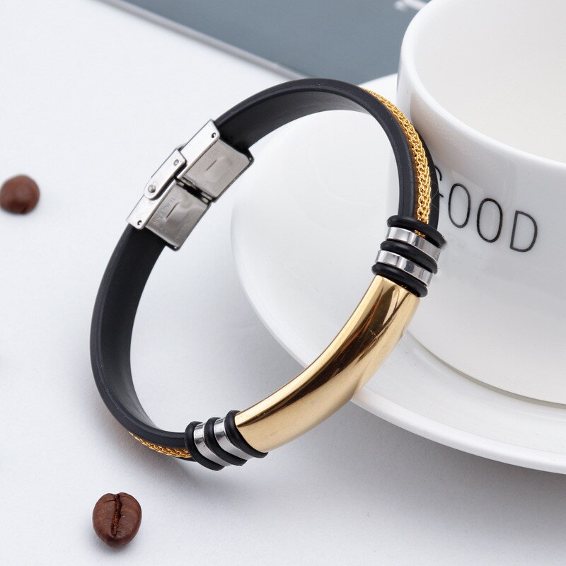 Silbrig/Gold Farbe Leere Bar Edelstahl Männer Handgelenk Band Rillen rüder Gittergewebe Verknüpfung EinfüGen Punk Armbinde Stilvolle lässig armreif: gold-farbe