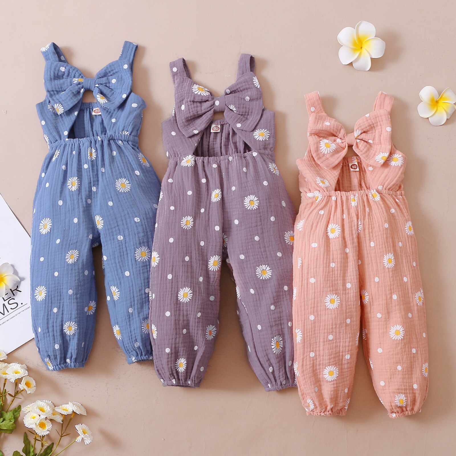 Peuter Baby Meisje Mouwloze Romper Daisy Print Hollow Out Bow-Knoop Decor Lange Bodysuit Casual Zomer Jumpsuit Playsuit
