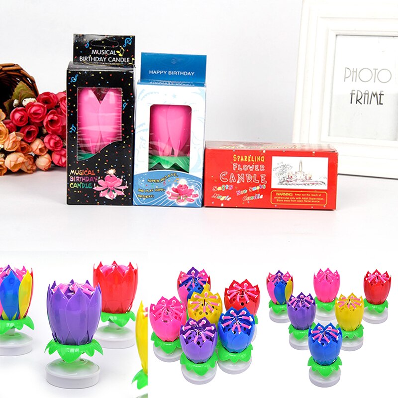 Vela Musical giratoria de flor de loto de feliz cumpleaños, para niños, velas para de cumpleaños, adornos de pastel de 1 pieza