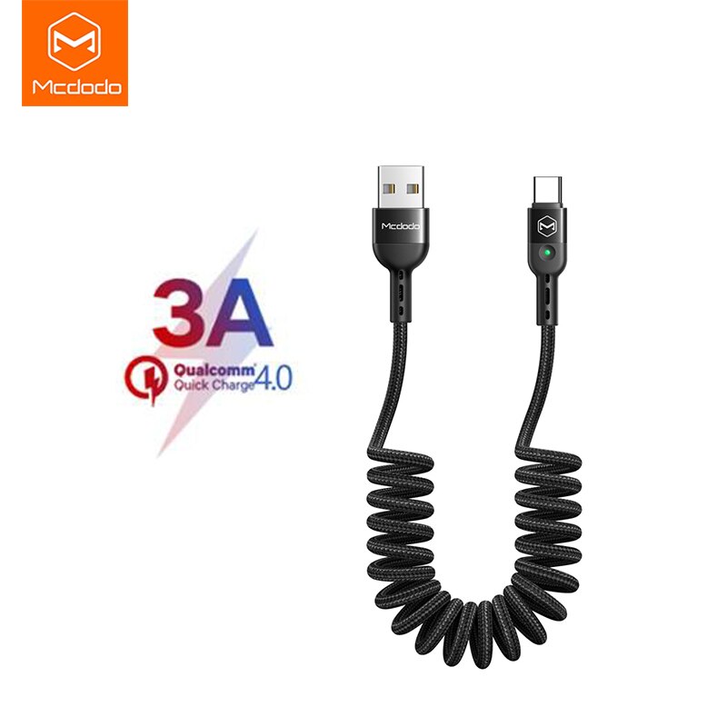 MCDODO usb for Iphone cases spring charging line, Type-C 3A power supply, support QC4.0 quick charging, easy to use in the car: Black   Type-C