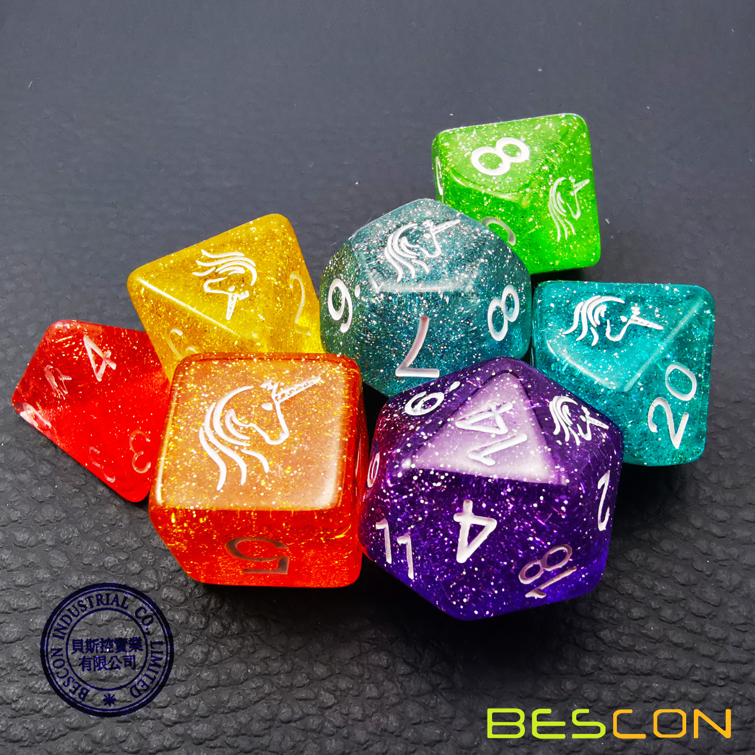 Bescon Unicorns Regenboog Sparkled Polyhedral D &amp; D Dobbelstenen Set Van 7 Kleurrijke Rpg Rol Playing Game Dobbelstenen 7 Pcs set