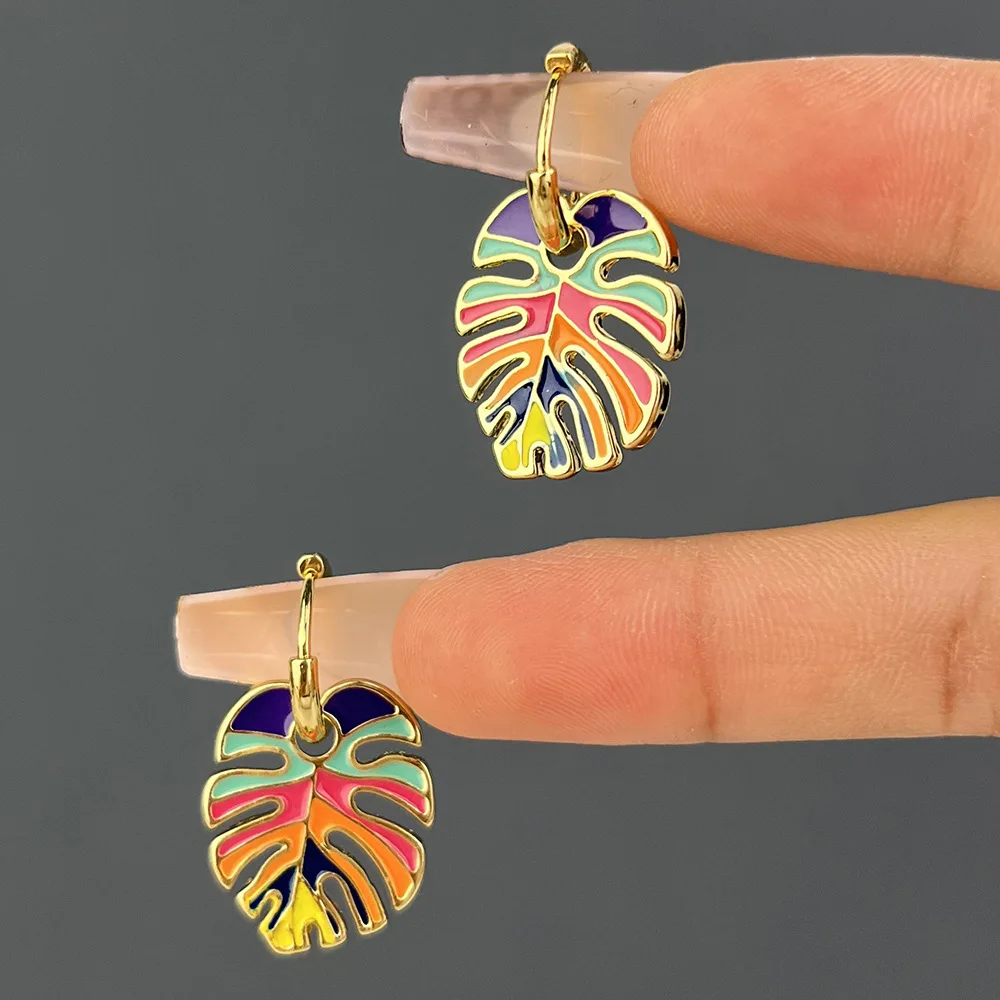 Pendientes de aro de Color dorado con forma de planta de Cactus y hoja esmaltada colorida para mujeres y niñas, pendientes Vintage bohemios con goteo de aceite, de joyería