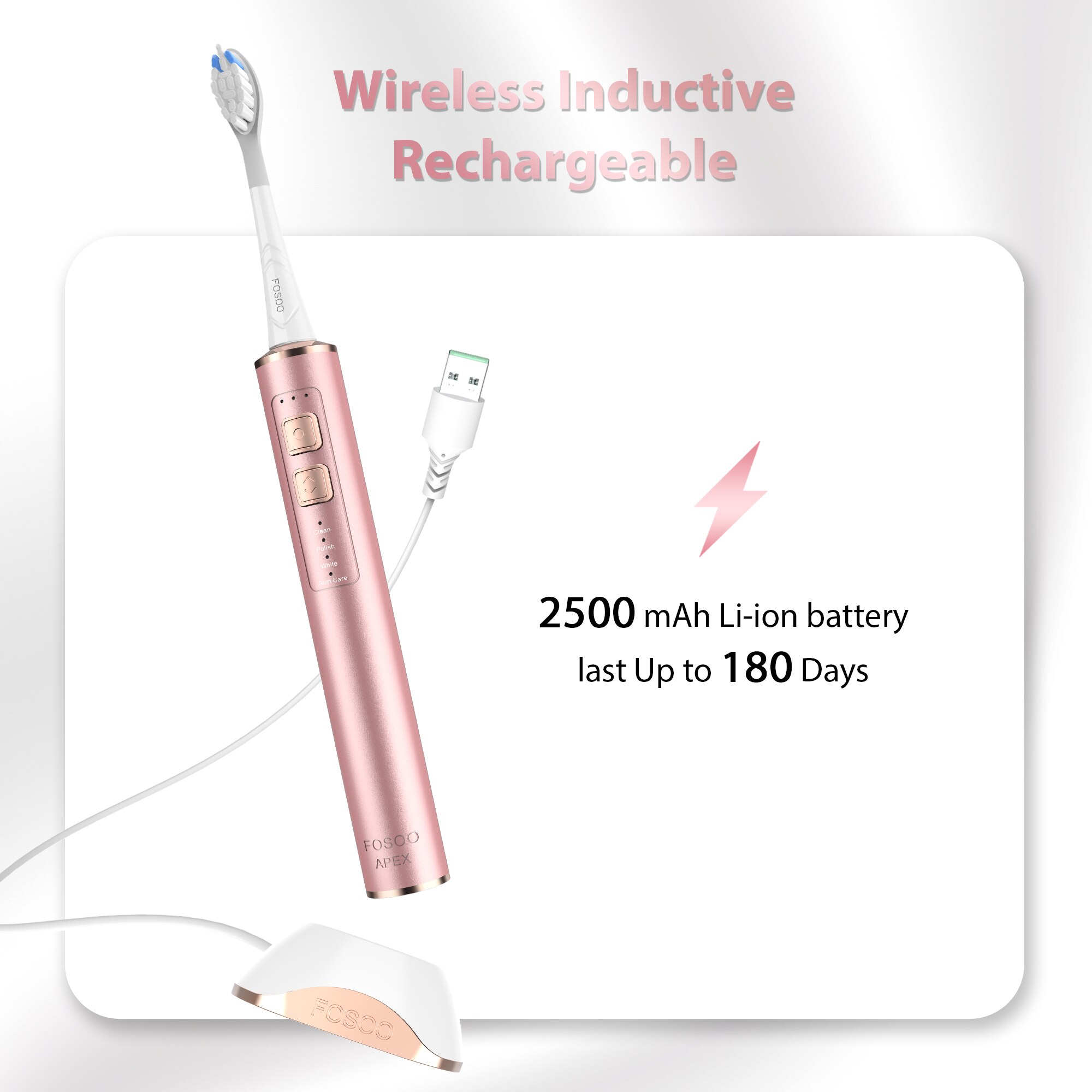 FOSOO – brosse à dents électrique sonique APEX 42000VPM, 2 Min, minuterie intelligente, autonomie de la batterie de 180 jours, 4 Modes de nettoyage, 2 têtes de brosse roses