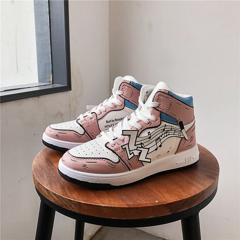 Damesko åndbare flade sko dame high-top sneakers vilde casual lac-up kvinders vulkaniserede sko zapatos de mujer: Lyserød / 39