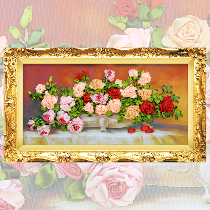 Fita bordado diy pintura em tela, cor impressa flores imagem rosa, bordado artesanato kit ponto cruz decoração da parede C-0094