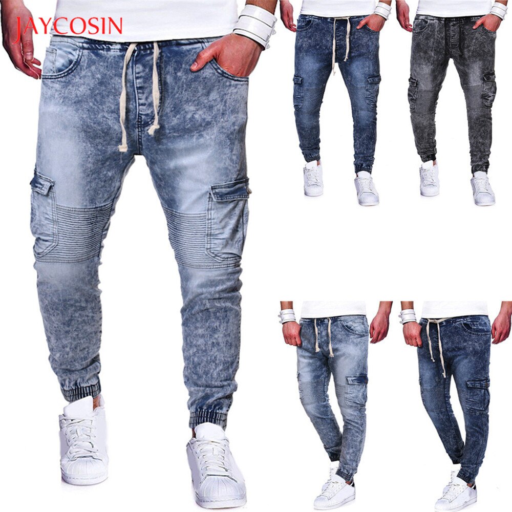 Jaycosin Men Pleated Jeans Pants Straight Light Denim Trousers Pocket Jeans Casual Men Mid Waist Pants