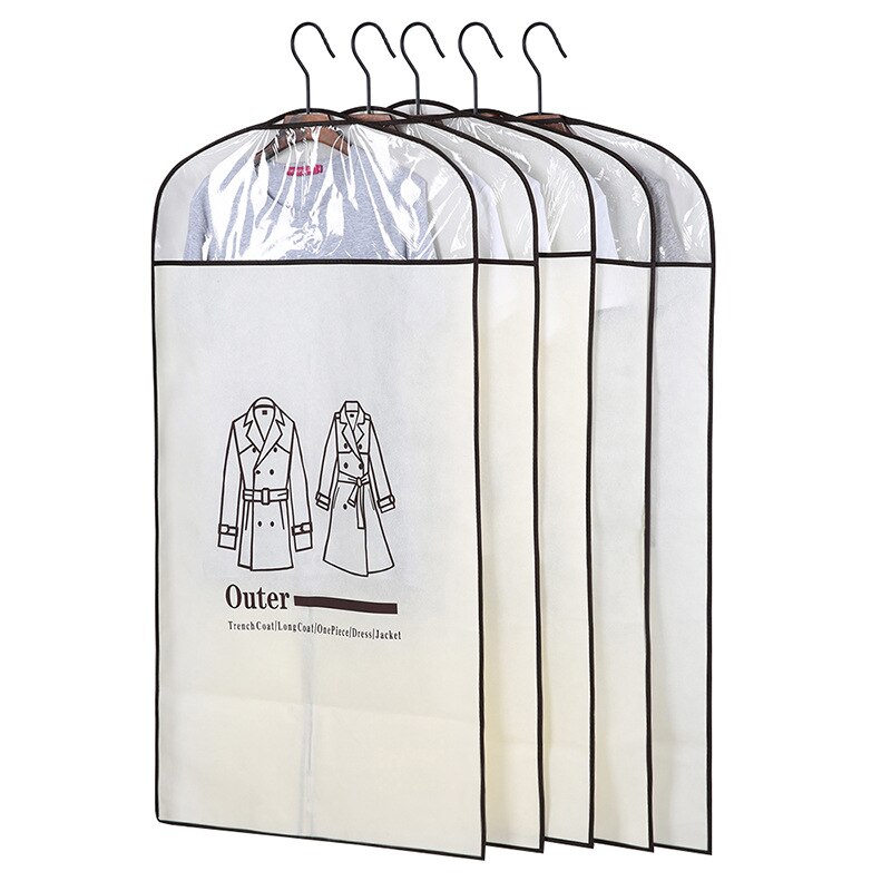5Pcs/Set Closet Hanging Clothes Dust Cover Waterproof Garment Bag Wardrobe Suit Coat Dress Organizer: Beige   L