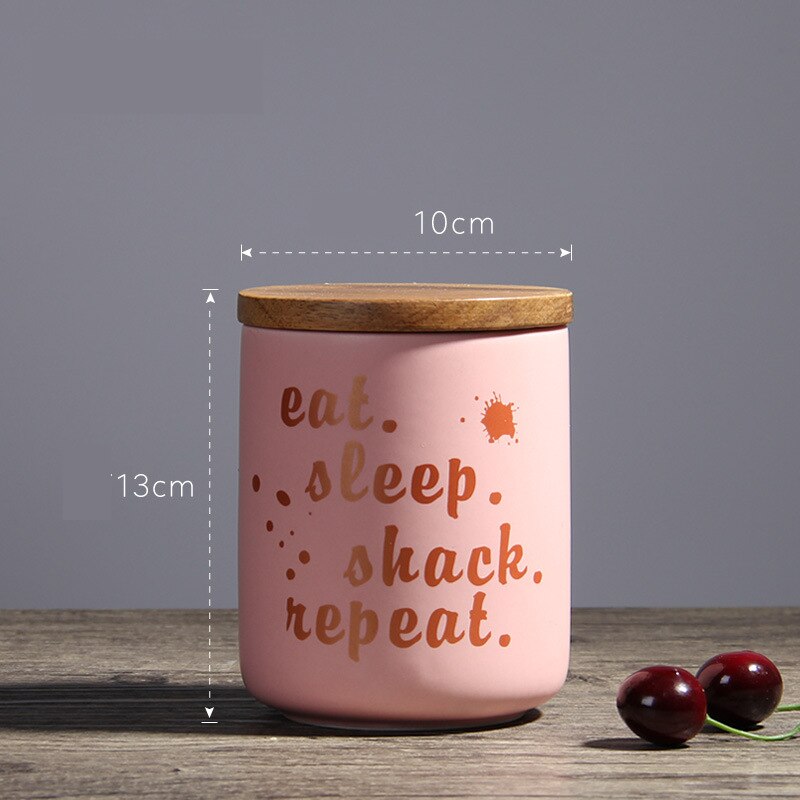Nordic Style Ceramic Storage Bottle Jar For Spices Wood Lid Cans Kitchen Coffee Tea Candy Cane Container Cans For Storage Box: pink  640ml