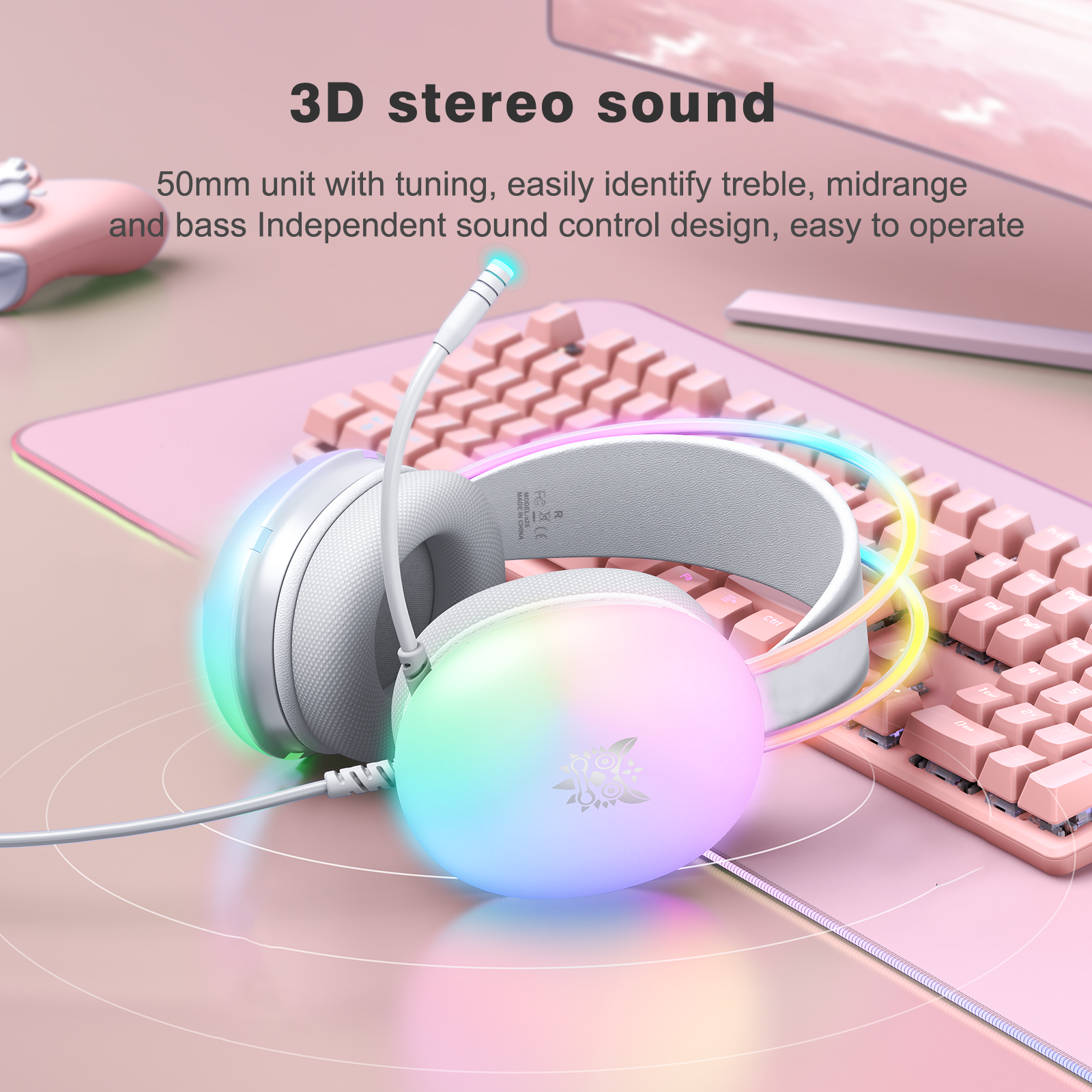 Onikuma gaming headset with fully illuminated dynamic rgb lighting, wired gaming headphones, noise-canceling microphone, portable headphones