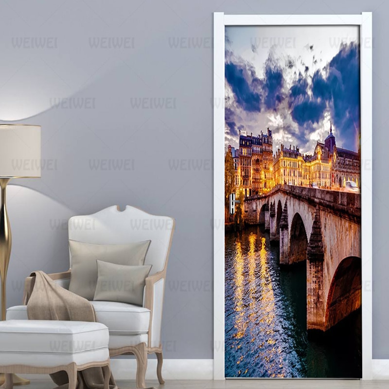 2Pcs/set PVC Self-adhesive 3D Removable Door Sticker England Canal Bridge HD Wallpaper Living Room Door Decor Decals Wall Sticke