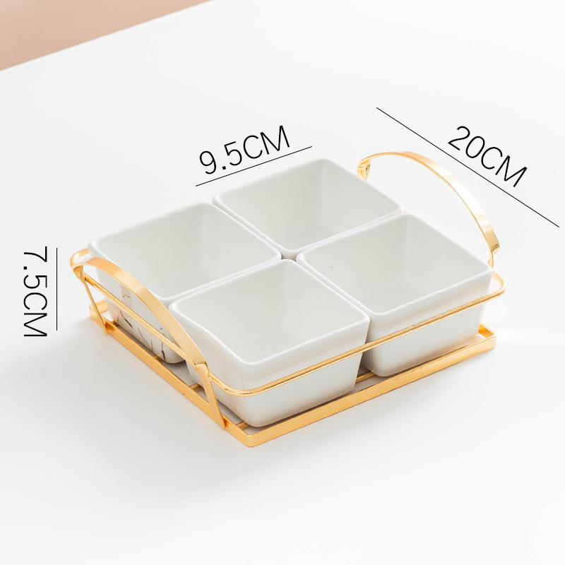 Plato de fruta dividido de cerámica, vajilla de lujo ligera para aperitivos, sala de estar, plato de fruta seca, plato de fruta para postre: 4 grids-pure white