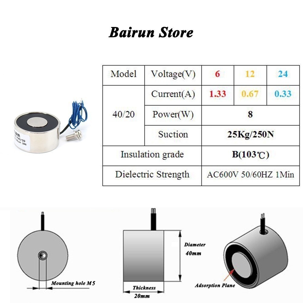 Électroaimant électrique de levage de 40/20mm 25KG 250n cc 5V/12 V/24V