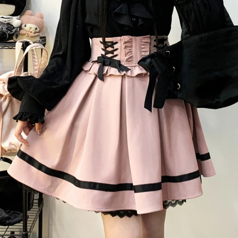 Japansk kawaii lolita mini nederdel kvinder høj talje pink blå bandage fe  y2k æstetisk nederdel afslappet sød flæsenederdel: Beige