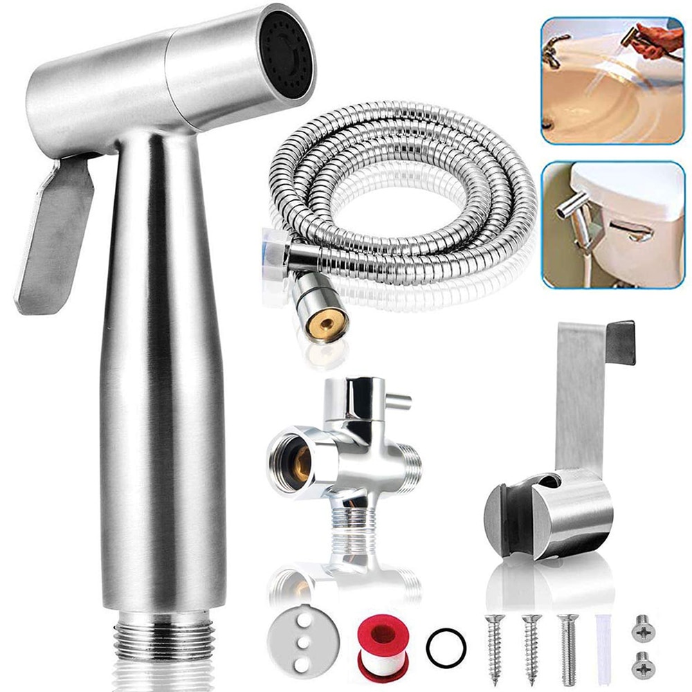Toalett hand bidé kran badrum bidé dusch spruta mässing t adapter 1.2m slang tank krokad hållare själv rengörande enkel installation