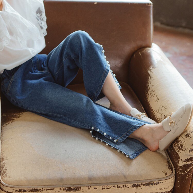 Pearls Jeans for Girls Spring Boot Cut Pants Solid Kids Clothing Teenager Girls Wide Leg Jeans For Girls 4 6 8 9 12 14 Years