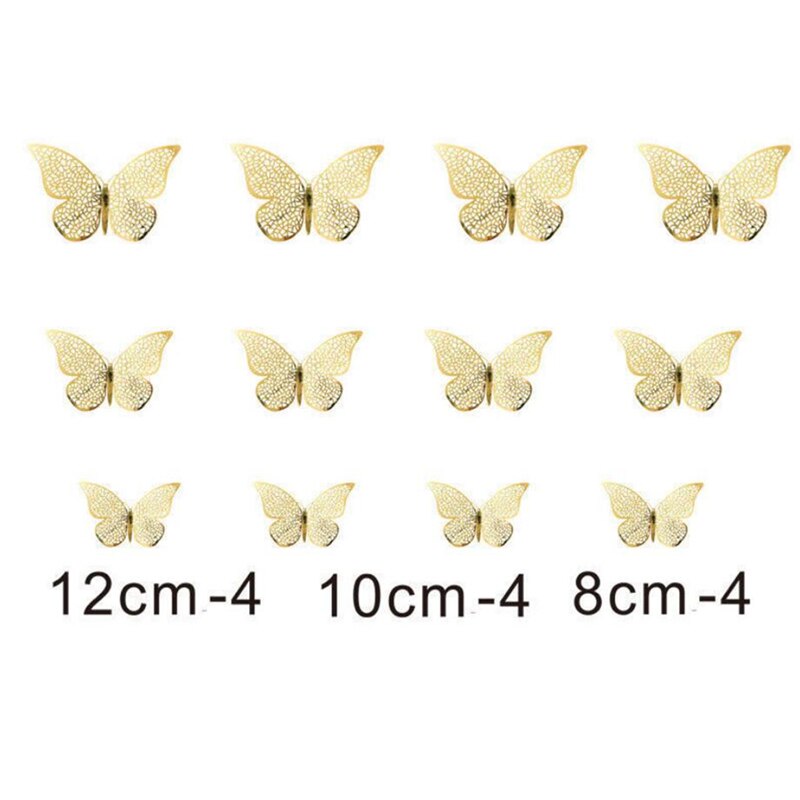 Alas de doble capa Multicolor 3D, adhesivo para pared de mariposa, imán de PVC, mariposas, , dormitorio, decoración de nevera, 12 Uds.: B gold
