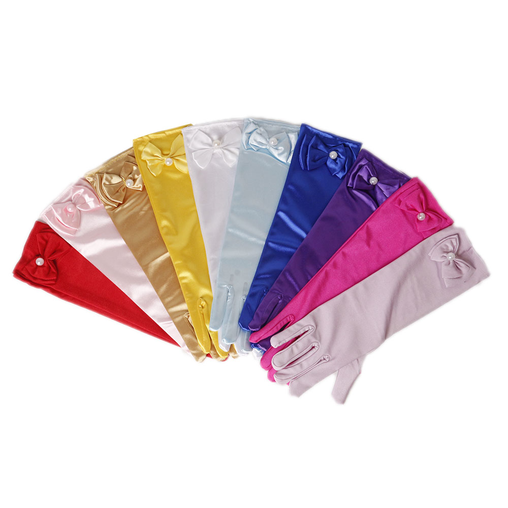 Gants de fête 11 couleurs | Gants longs de princesse pour enfants filles, gants en Satin avec nœud perlé, gants d'anniversaire