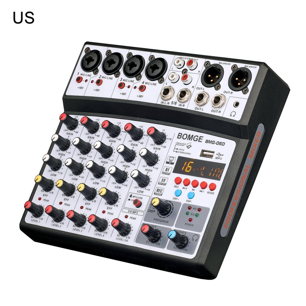 Wireless 6 Channel Audio Mixer Portable Mixing Console USB Interface Sound Card With 16 DSP Echo 48V Phantom Power: Black-US