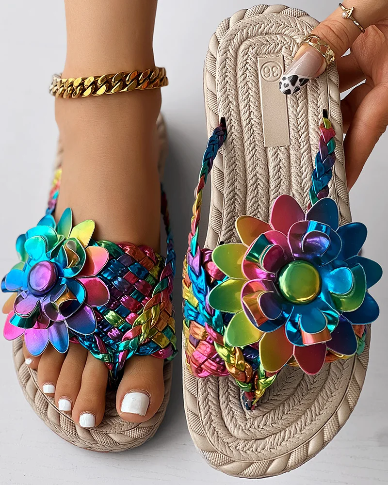 Frauen lässig Schuhe Flache Holographische Geflochtene Blumenmuster Zehen Post Strand kippen-Flops: MULTI / 37