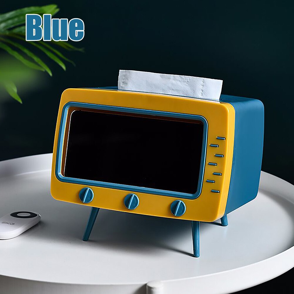 TV Tissue Box Desktop Tissue Paper Organiser Box Dispenser Storage Home Office Napkin Holder With Mobile Phone Stand: blue