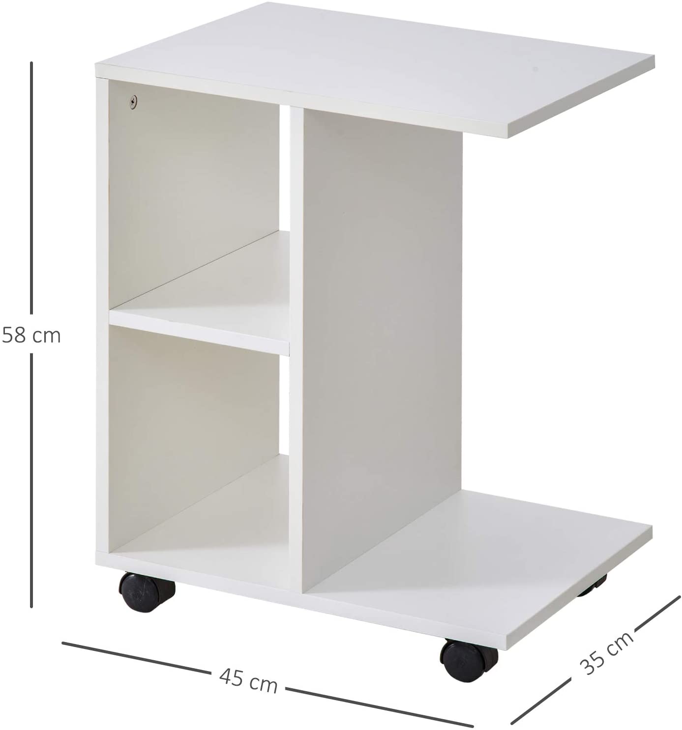 Shape End Table Unique Storage Unit w/ 2 Shelves 4 Wheels Freestanding Home Office Furniture Cabinet Square Studio White