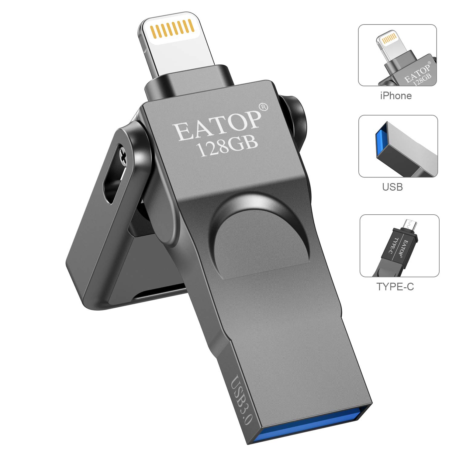 Iphone Memory Stick 128 Gb, Iphone USB3.0 Flash Drive Met 3 Poorten, compatibel Voor Iphone/Ipad/Macbook/Android En Computer (Grijs)