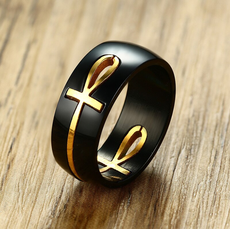 Mode Two Tone Uitgesneden Ankh Egyptische Kruis Ring Voor Mannen Roestvrij Staal Afneembare Allah Zwart Religieuze Band Mannelijke Sieraden: 12