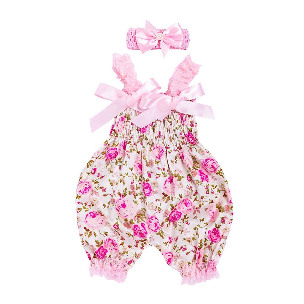 Peuter Baby Jongens Meisjes Bloemen Romper Baby Meisje Bodysuits Tops Bloemenprint Jumpsuit + Hoofdband Set 2 Stuks Outfits Casual zuigeling: Pink  / 3M