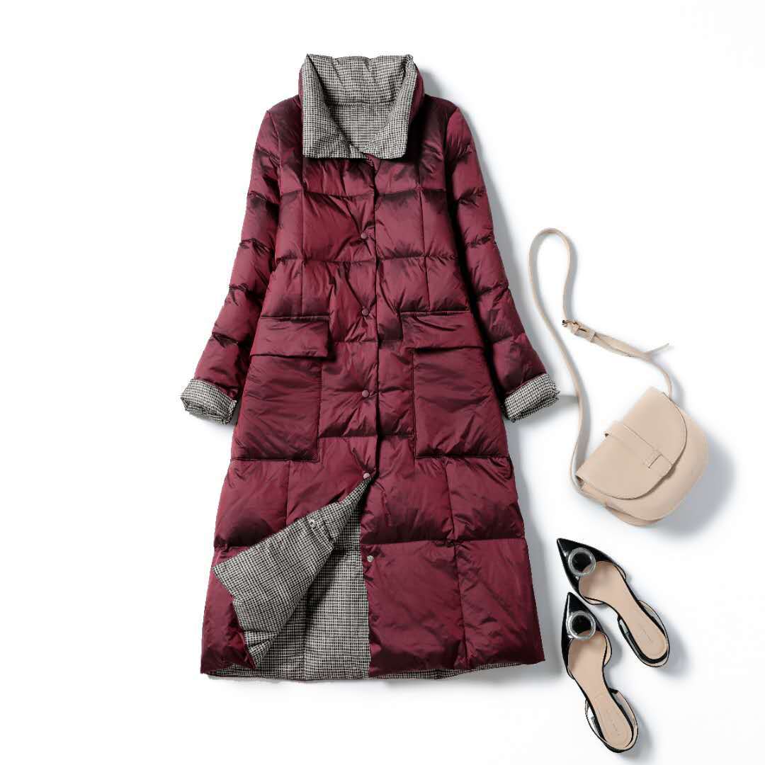 Luzuzi-Chaqueta de plumón largo de doble cara para mujer, Parkas cálidas de invierno con cuello alto a cuadros, plumón de pato blanco, ropa de abrigo para nieve,: Borgoña / L