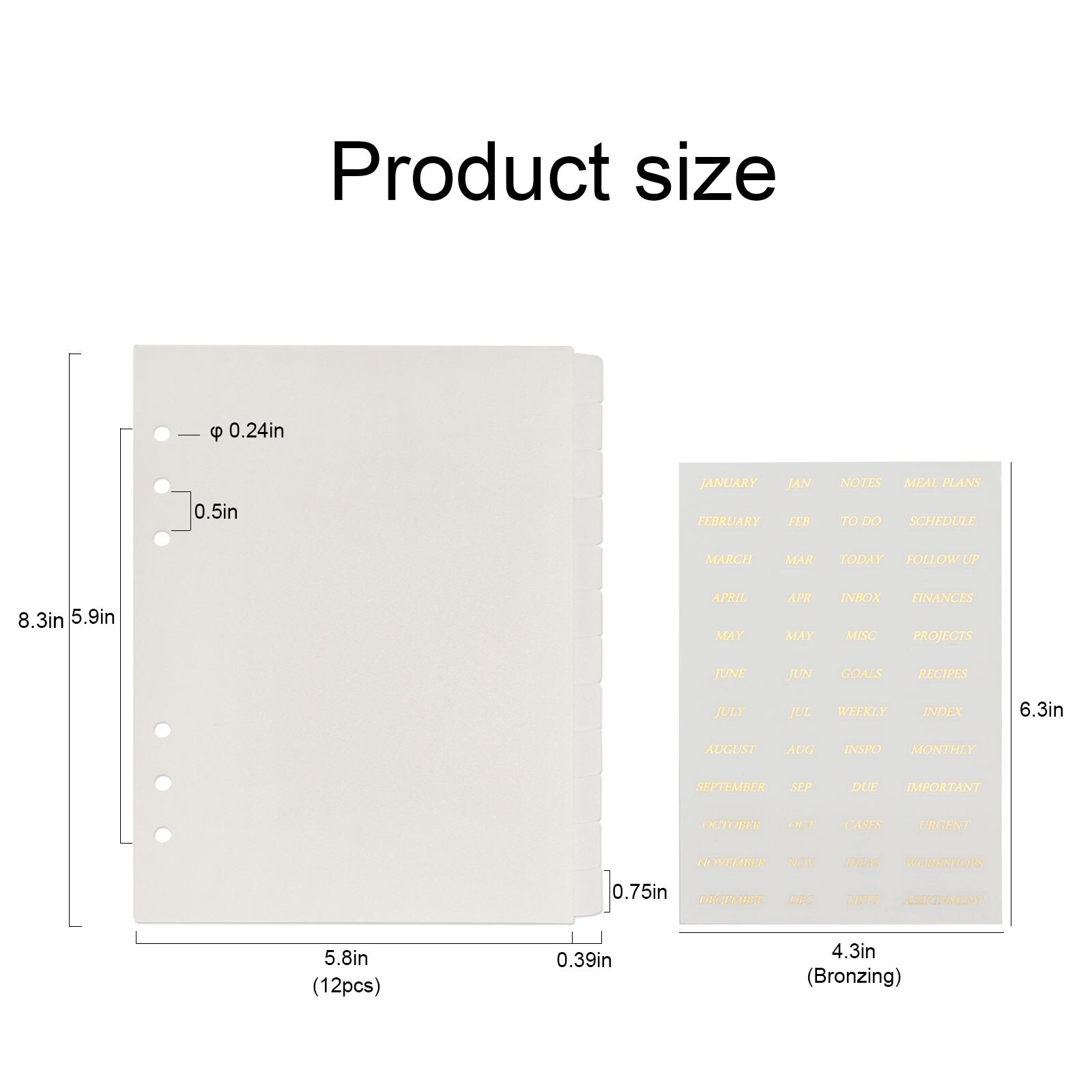 Neutral Foild Gold Stickers A5 Tabbed Divider Plasctic Book Dividers 12 Tabs Notebook 6 Hole Index Tabs Planner Divider Pages
