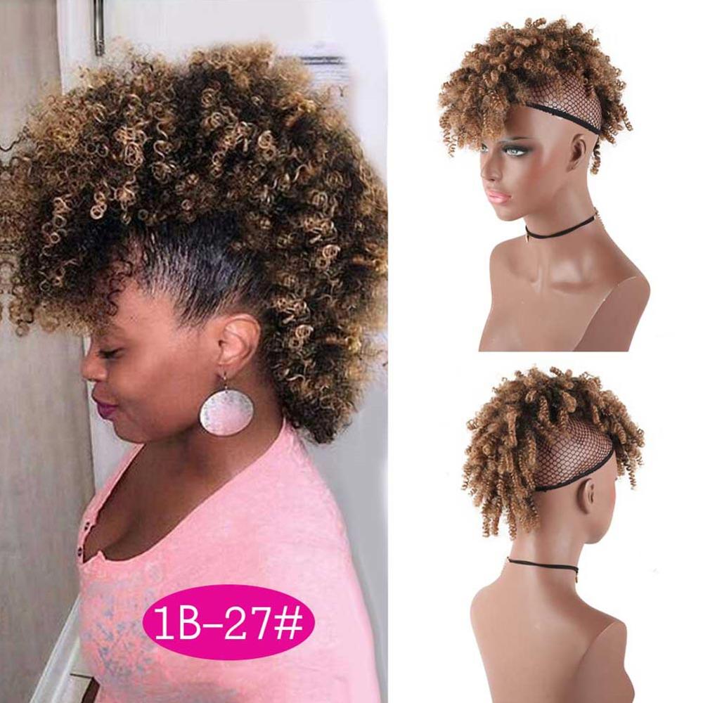 Afro Puff Ponytail With Bangs Afro Kinky Curly Synthetic Curly Mohawk Ponytail Clips in Hair Extension For Black women Hairpiece: 1B 27