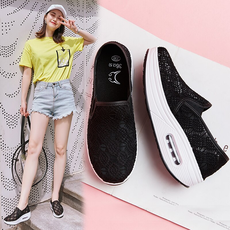 Old Beijing Women Slimming Shoes Lace Mother Outdoor Walking Sport Shoes Sneakers Zapatillas Tonificadoras Air Cushion Femme: Black / 6.5