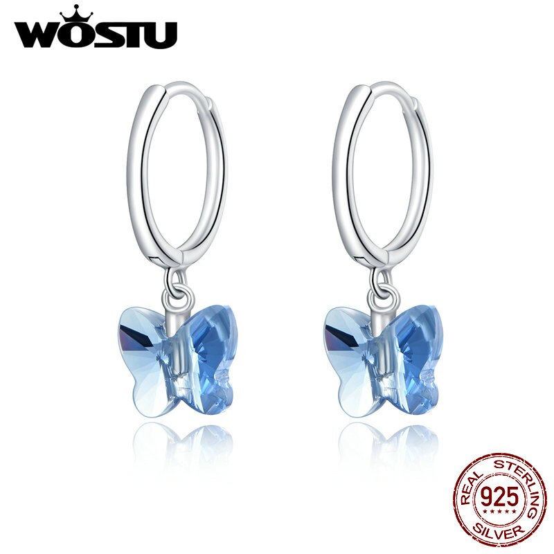 Brincos borboleta poderosa wostu prata 925, brincos originais com cristal azul para mulheres, joia de luxo cqe959