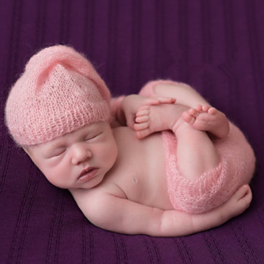 Newborn pink mohair braided sweater elf hat cute girl taking clothing product