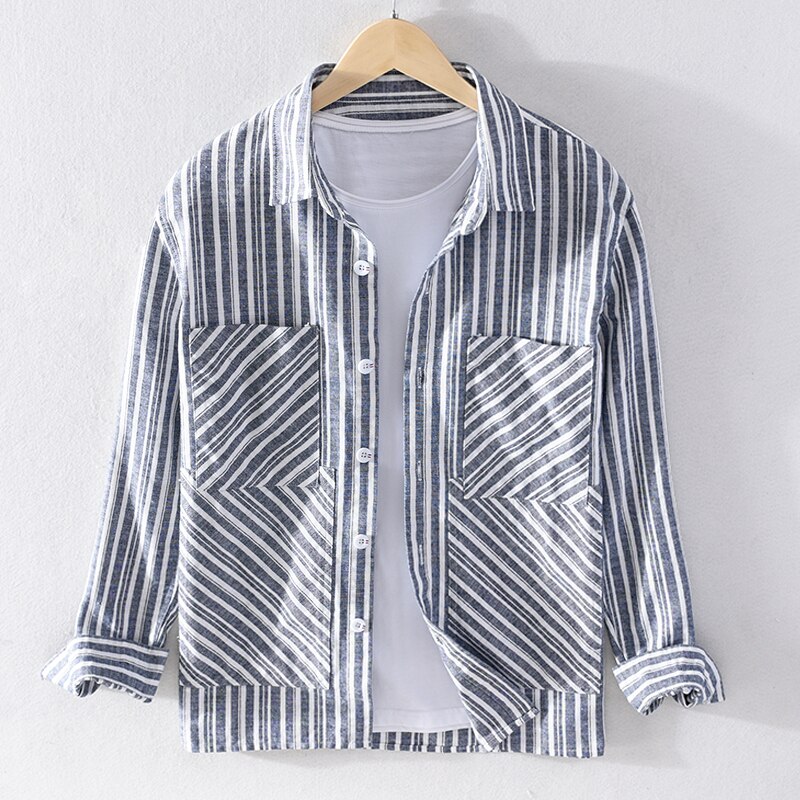 Gestreepte katoenen en linnen merk heren overhemd comfortabele shirts met lange mouwen voor heren trendy gestreept overhemd heren camisa chemise