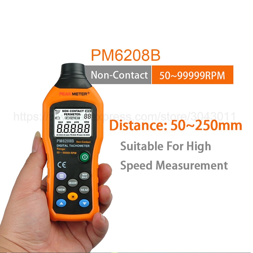 High-Precision Digital Tachometer Contact-type/Non-Contact 50-19999RPM Max Speed Meter Rotation Tester Electronic tachometer: PM6208B