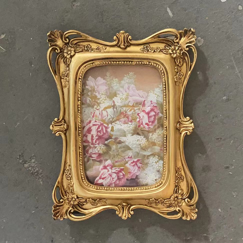 Vintage Rectangle Photo Frame Wall Hanging Golden Embossed Resin Picture Frame Holder Table Decoration Home Decor, Paper Random: Dark Grey