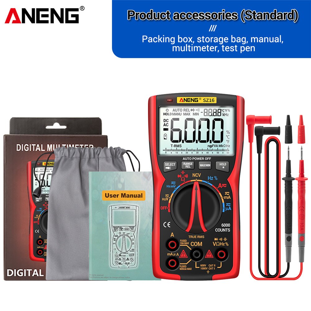 ANENG SZ17 DIY tranzystor kondensator NCV wykrywacz miernik przebiegu multimetr cyfrowy 6000 profesjonalne True RMS AC/DC analogowego testera: SZ16 czerwony
