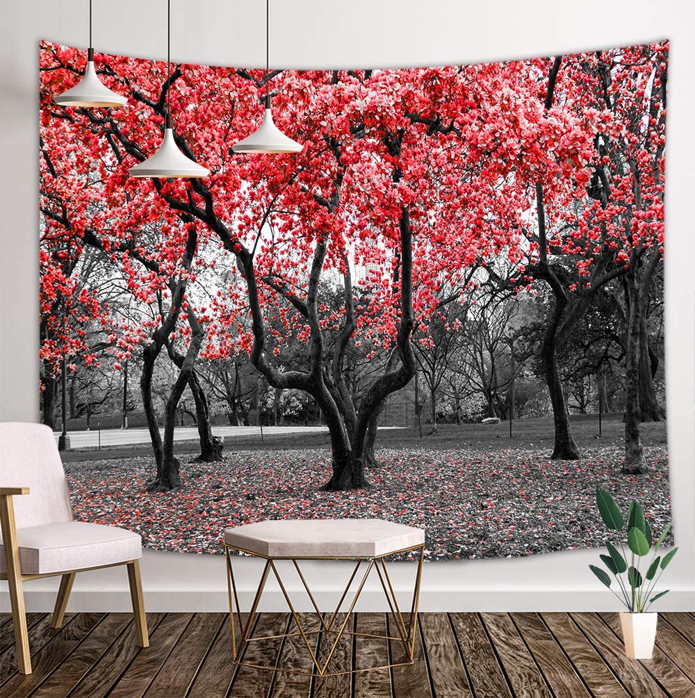 Sakura Red Black Flower Trees Blossom Parks Cherry Blossom Fantasy Woodland Landscape Tapestry Wall Hanging