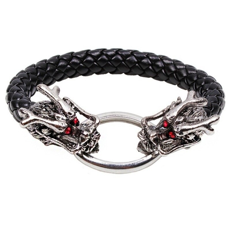 Bracciale testa di lupo vichingo catena di corda di cuoio doppio anello di morso testa di lupo bracciale per uomo amuleto regalo gioielli vichinghi: C20242-Silver