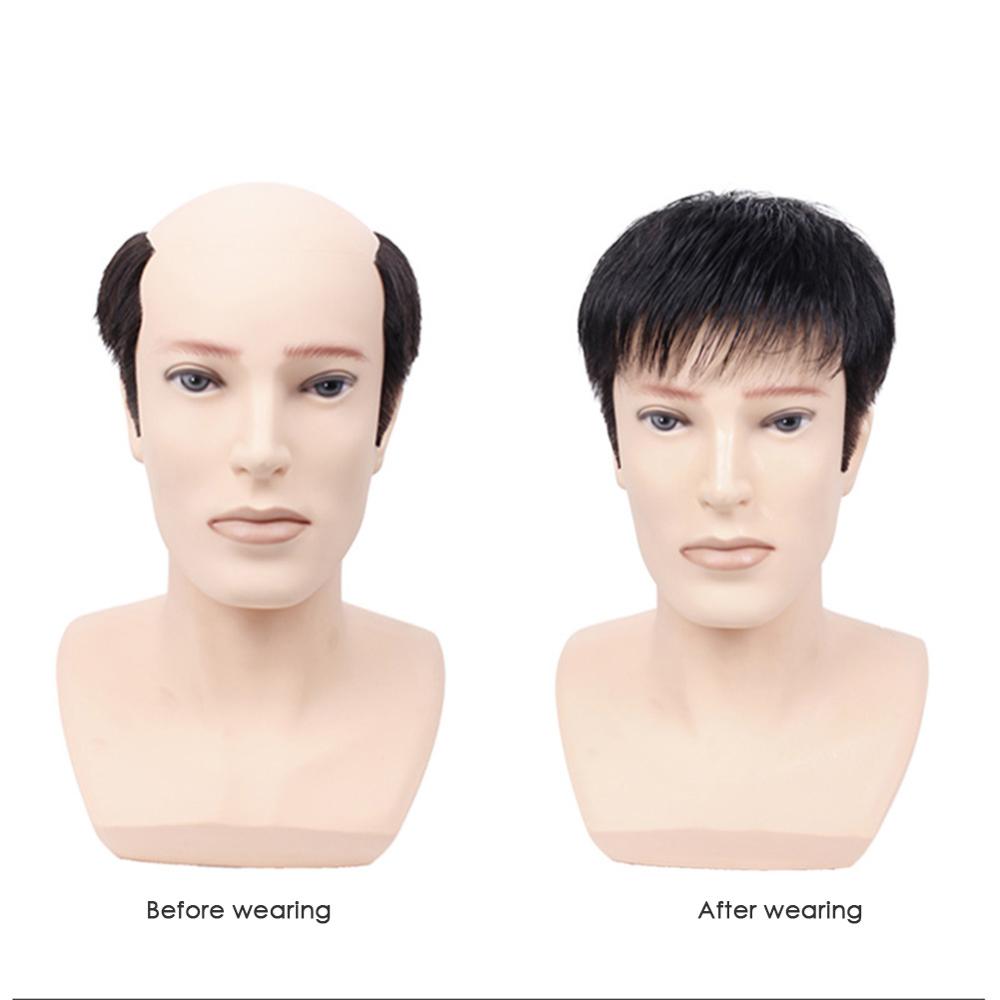 5.5 x 5.5in korte lige mandlige paryk syntetiske mænd parykker sort farve naturlig med pandehår varmebestandig fiber toupee: Naturlig stil