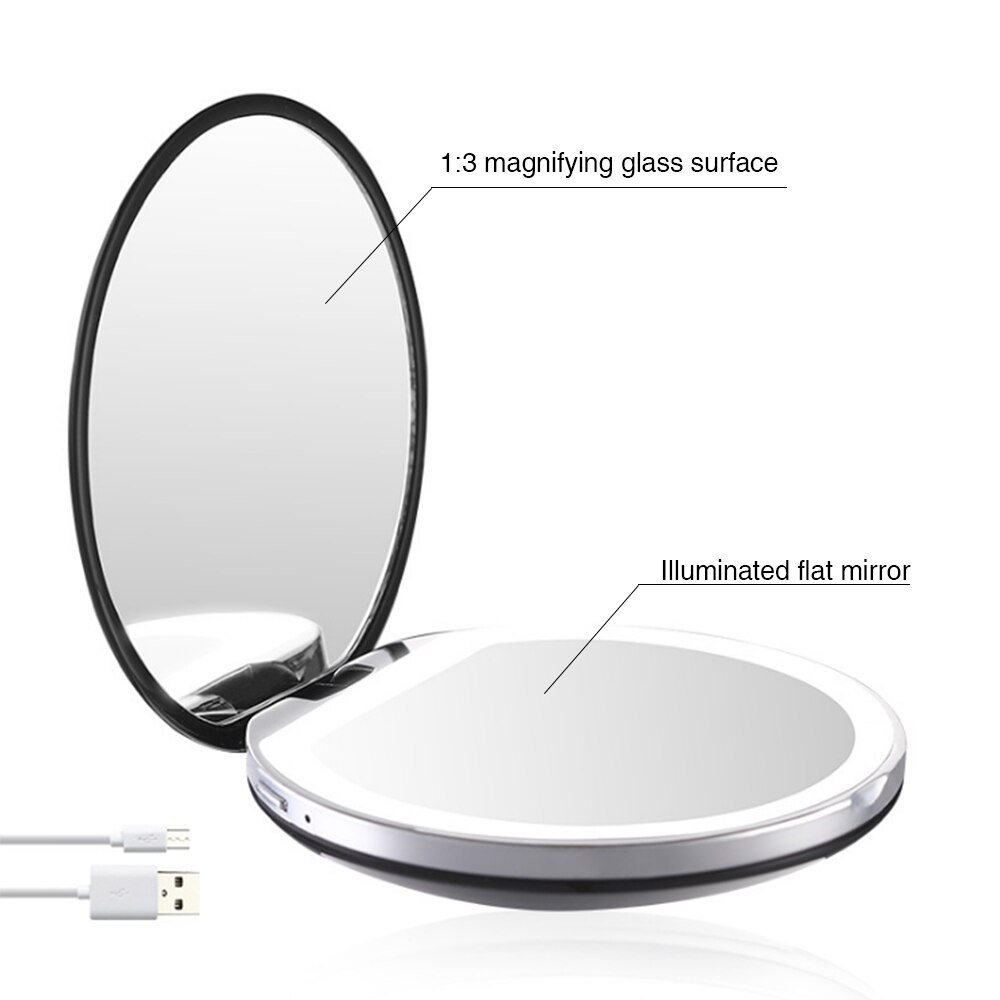 3x forstørrende foldbart led lys mini makeup spejl kompakt lomme ansigtslæbe kosmetisk spejl rejse bærbart lys makeup spejl