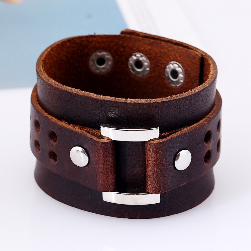 Doppel Breiten männer Leder Armbänder Vintage Punk Große Manschette Seil Armband für Frauen Schmuck Hand Band Braun: Brown