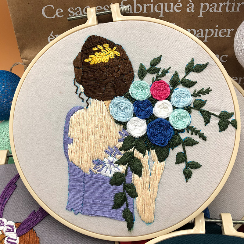 Kit de bordado de ramo de niña moderna, bordado artesanal, patrón de planta de casa, punto de cruz para principiantes (con ARO)