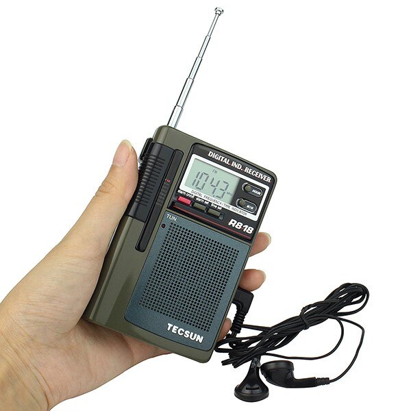 TECSUN-Radio FM/MW/SW de bolsillo, receptor de banda completa, reloj Digital, alarma + antena externa, TECSUN R-818, 1 unidad