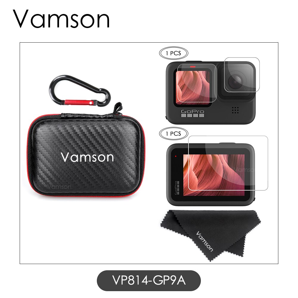 Vamson tilbehørssæt til gopro hero 10 9 sort mini bæretaske hærdet glas skærmbeskytter ærmesnor til go pro 9: Vp814- gpa