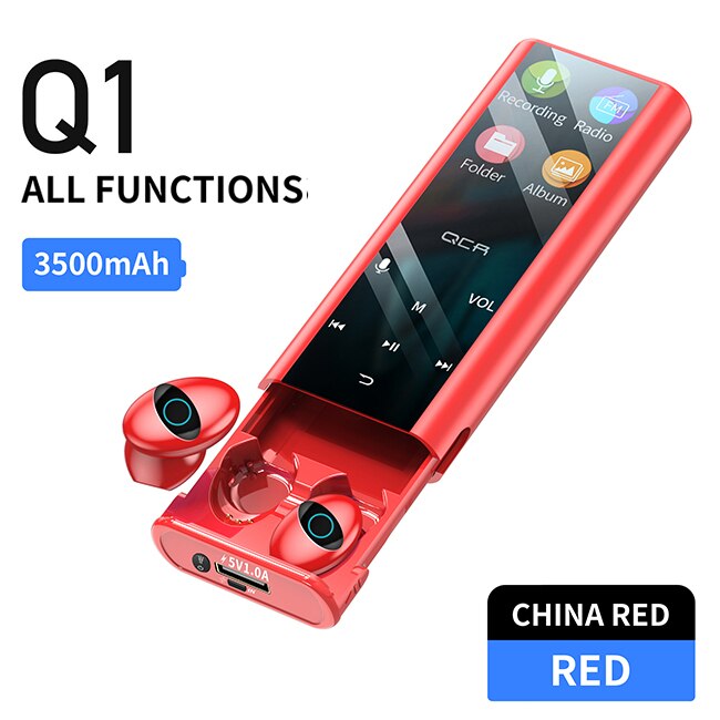 Qcr MP3 Draadloze Bluetooth Oortelefoon Oordopjes Multifunctionele MP3 Speler Oordopjes IPX7 Waterdichte 9D Tws Oortelefoon 6000Mah Power bank: Q1 Red