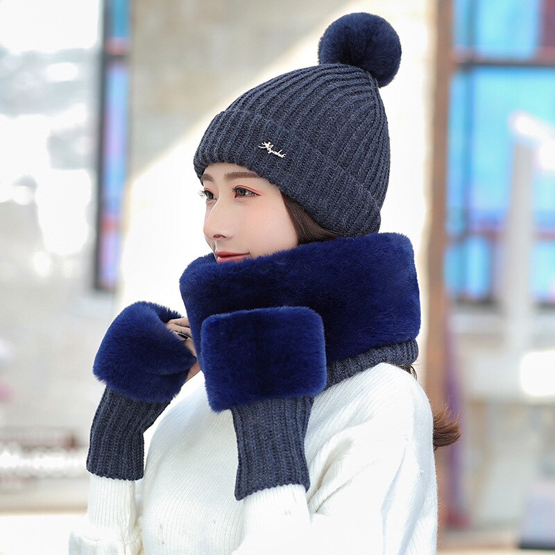 Conjunto de guantes de punto de algodón para mujer, conjunto de 3 piezas con bufanda y gorro de invierno, guantes de cuello y babero: navy