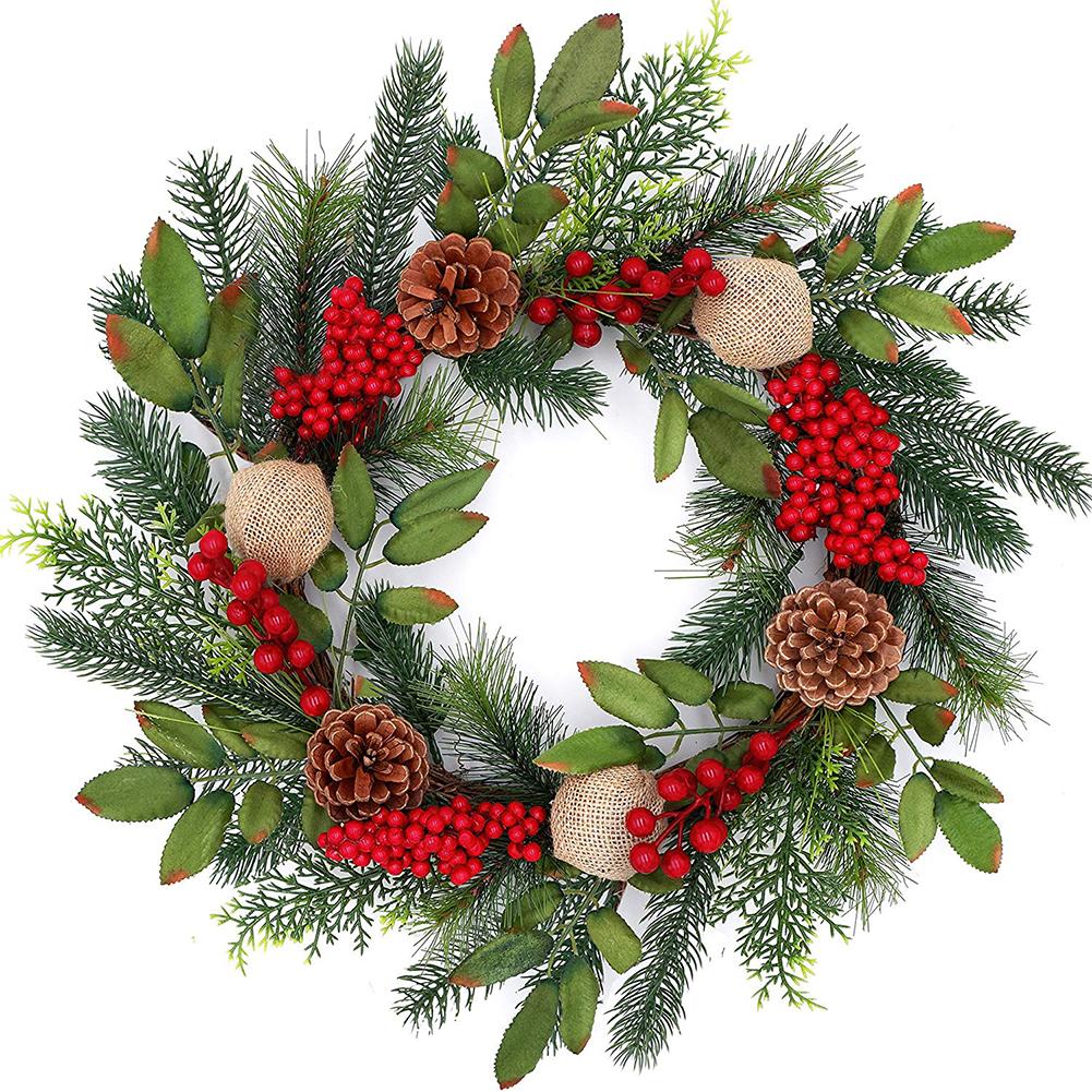 18IN Christmas Wreath Window Door Decoration Advent Garland Red Berries Evergreen Leaves Burlap Ball Christmas Wreath